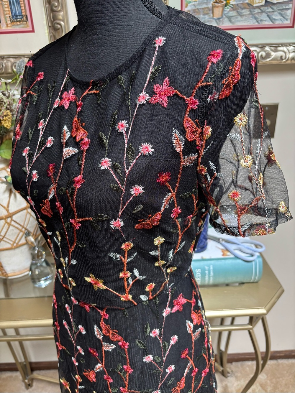 Floral Embroidered Black Maxi Dress with Sheer Overlay - Picture 14 of 15